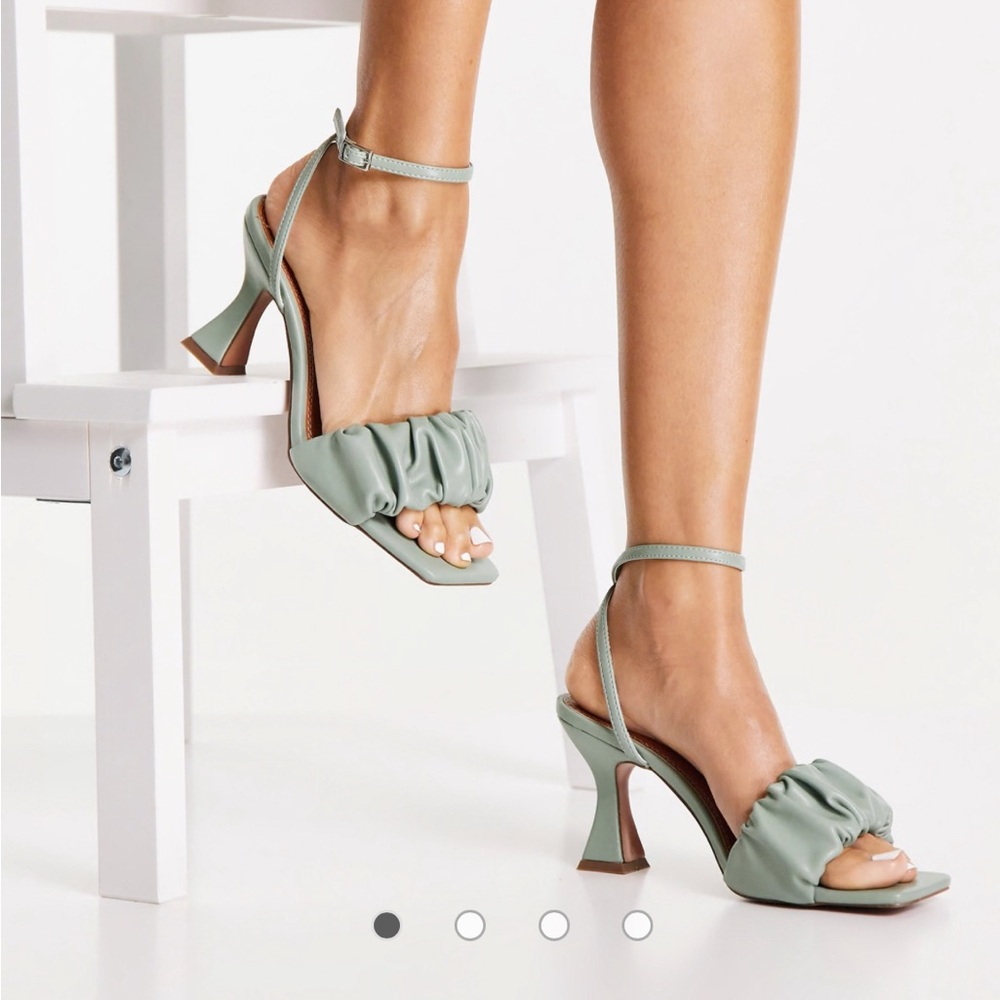 ASOS DESIGN Holly ruched mid heeled sandals in sage green Size 8 UK